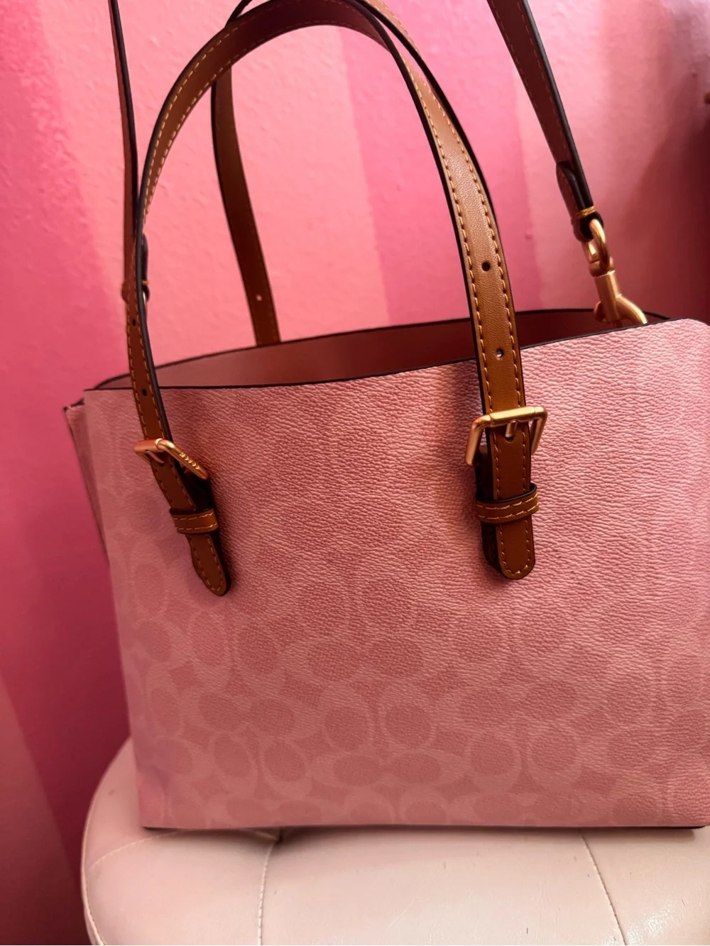 Coach Pink Mollie with Tan Handles and Gold Hardware